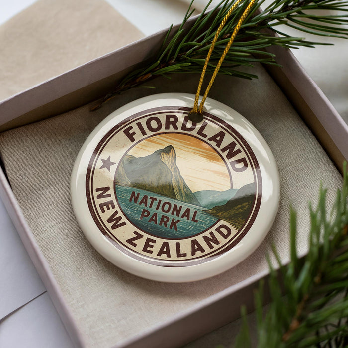 A decorative ornament in a box, featuring a circular design with text and a mountain landscape.