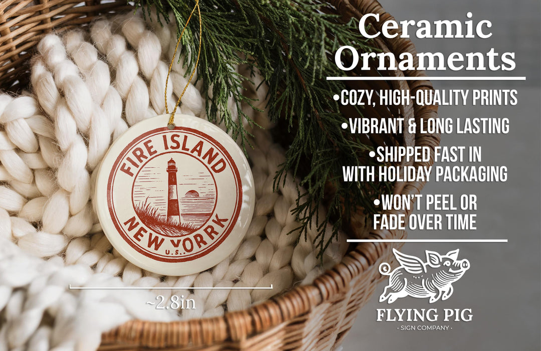 Ceramic ornaments, featuring a lighthouse design, are displayed in a woven basket.