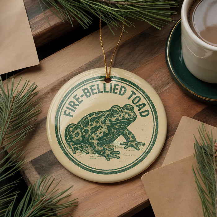 A round ornament featuring a green frog on a wooden surface, with the text "FIRE-BELLIED TOAD" printed on it.