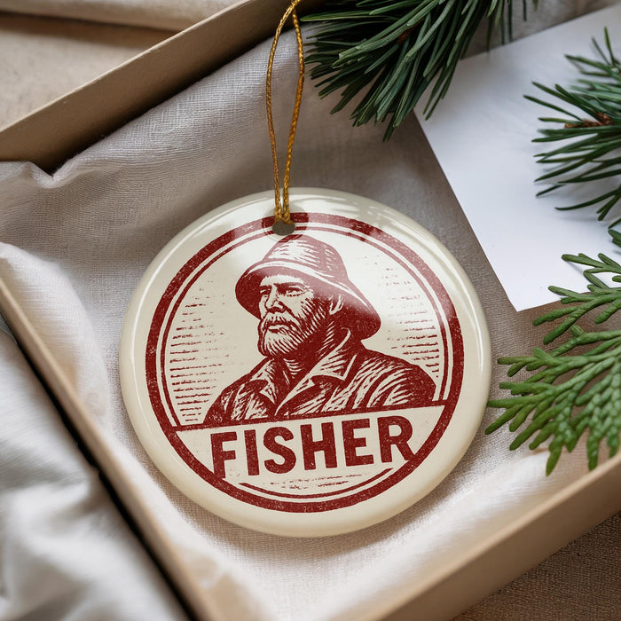 A round ornament with a portrait of a man wearing a hat and the word "FISHER" printed on it, hanging from a string.