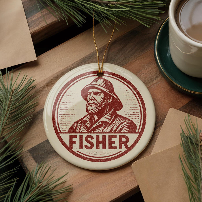 A round ornament featuring a man's portrait and the word "FISHER" in a red and white color scheme, placed on a wooden surface alongside pine branches and a cup of coffee.