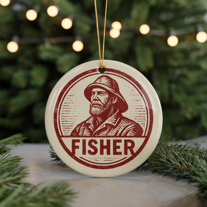 A round ornament with a portrait of a man wearing a hat and a coat, with the word "FISHER" written below the portrait.