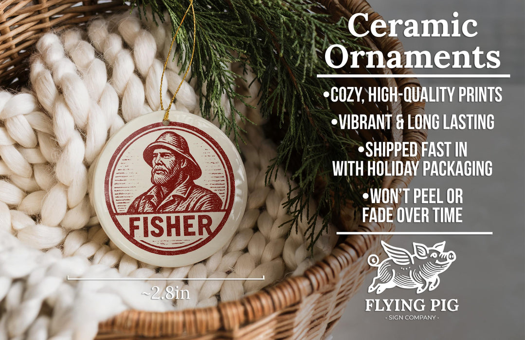 Ceramic ornaments featuring a man's portrait, with text describing the ornaments as "cozy, high-quality prints, vibrant and long lasting, shipped fast in with holiday packaging, won't peel or fade over time" and "flying pig" with a logo.