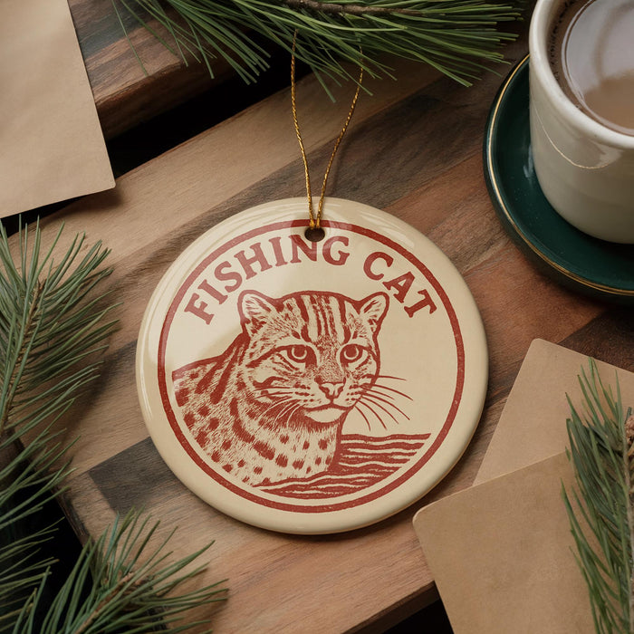 A round ornament with a cat image and the text "Fishing Cat" is displayed on a wooden surface, surrounded by pine branches and a cup of coffee.