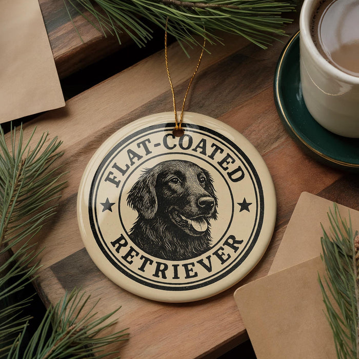 A round ornament featuring a black and white illustration of a retriever dog, with the text "FLAT-COATED RETRIEVER" printed on it. The ornament is hanging from a string, and there is a cup of coffee and some pine branches in the background.