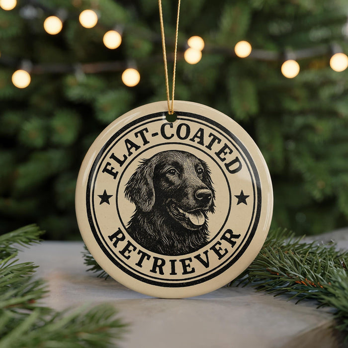 A round ornament featuring a black and white illustration of a retriever dog, with the text "FLAT-COATED RETRIEVER" printed on it.