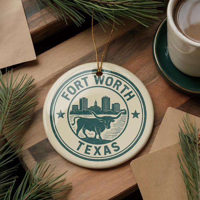 A circular ornament with the text "FORT WORTH TEXAS" and an illustration of a bull is displayed on a wooden surface, surrounded by pine branches and a cup of coffee.