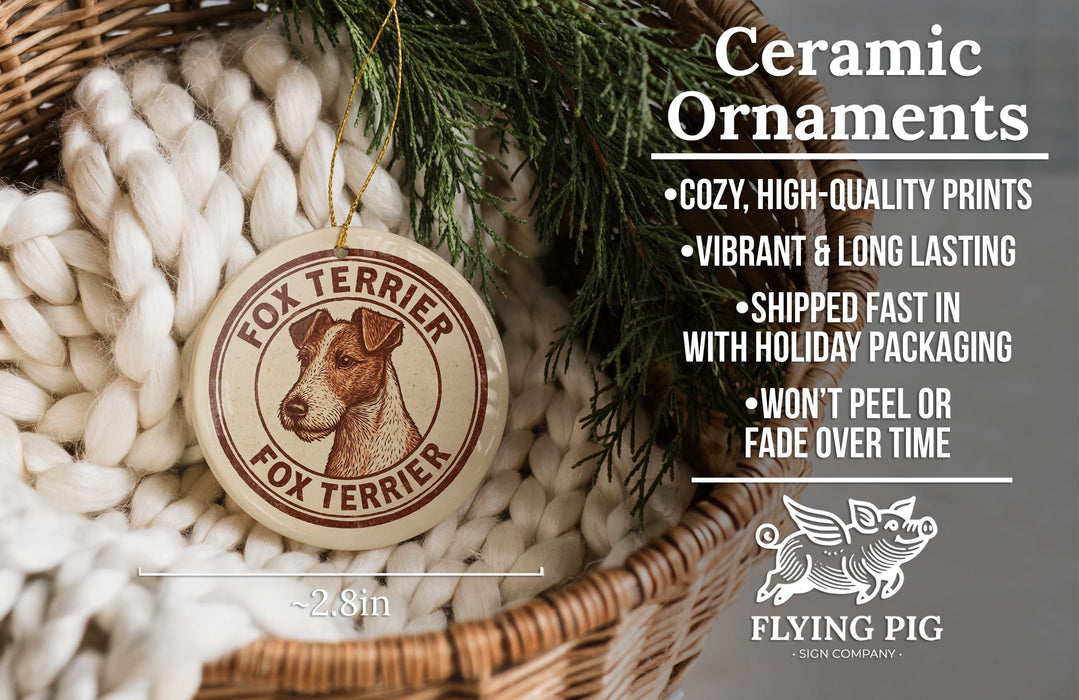 Ceramic ornaments featuring a fox terrier dog, with text describing the ornaments as cozy, high-quality prints, vibrant, long-lasting, and shipped fast in holiday packaging.