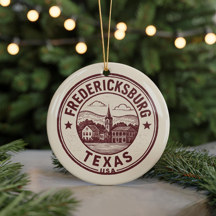 A white ceramic ornament with a maroon border and a graphic of Fredericksburg, Texas, featuring a church and mountains.
