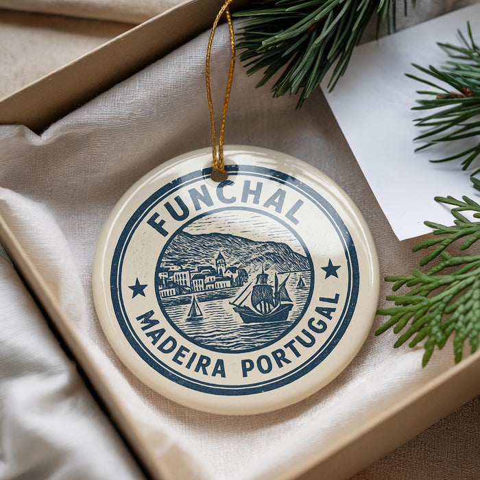 A circular ornament with the text "FUNCHAL MADEIRA PORTUGAL" printed on it, hanging from a string.