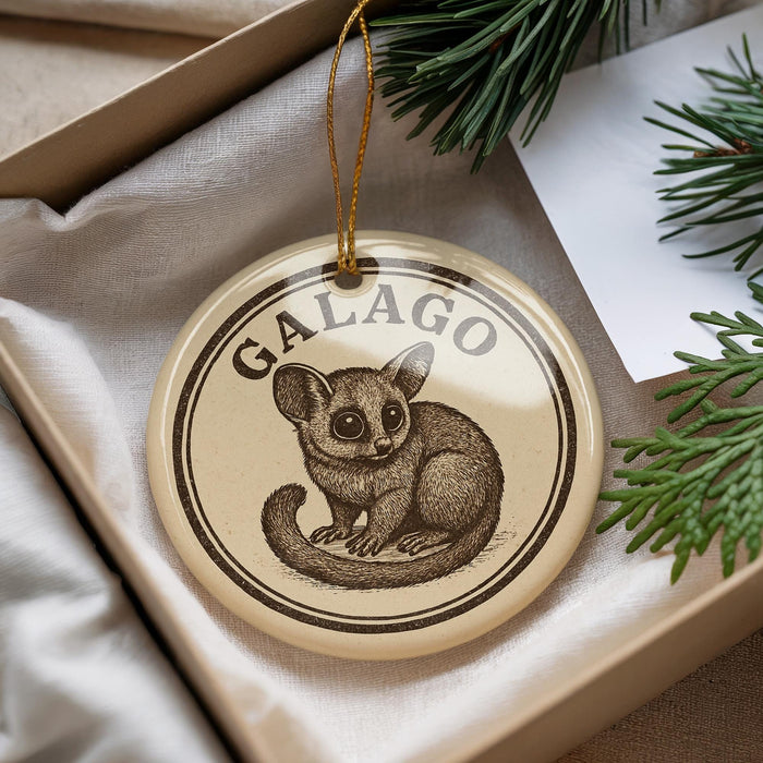 A circular ornament with a drawing of a small animal, possibly a rodent or a cat-like creature, is displayed in a box with pine branches.