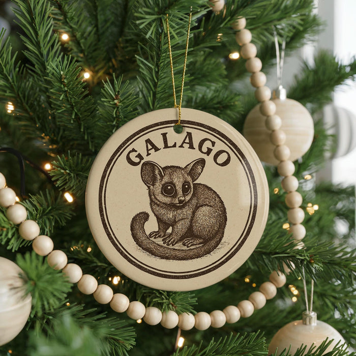 A Christmas tree decorated with ornaments, including a circular ornament with a picture of a small animal, likely a koala, and the word "GALAGO" written on it.