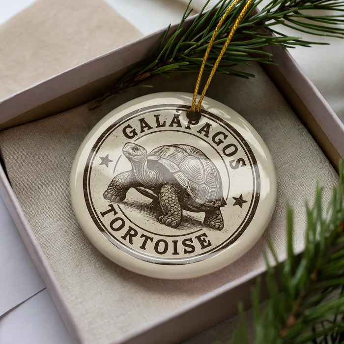 A ceramic ornament in a box, featuring a detailed illustration of a tortoise.