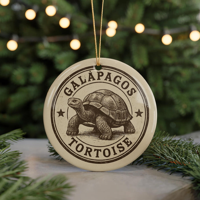 A circular ornament featuring a tortoise, with the text "GALAPAGOS TORTOISE" printed on it.