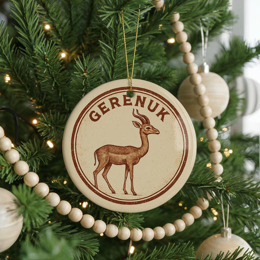 A circular ornament with a deer image and the word "Gereux" on it, hanging on a Christmas tree.
