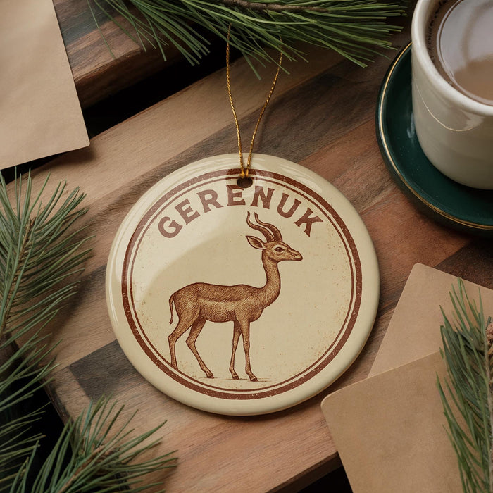 A circular ornament featuring a brown deer with antlers, hanging on a wooden surface.
