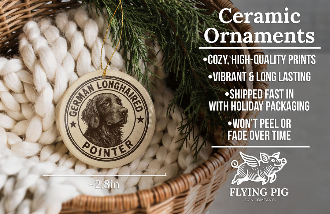 a ceramic ornament in the shape of a German Longhaired Pointer, hanging from a wicker basket. The ornament is described as a "Ceramic Ornaments" and has a "German Longhaired Pointer" label on it. The image also includes text that highlights the ornament's features, such as its "Cozy, High-quality Prints", "Vibrant & Long Lasting", and "Shipped Fast in with Holiday Packaging".