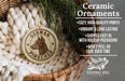 a ceramic ornament hanging from a wicker basket, with a text overlay providing information about the ornament.