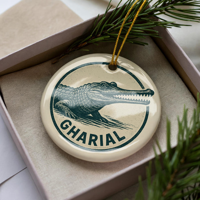 A ceramic ornament in a box, featuring a graphic of a crocodile and the word "GHARIAL" printed on it.