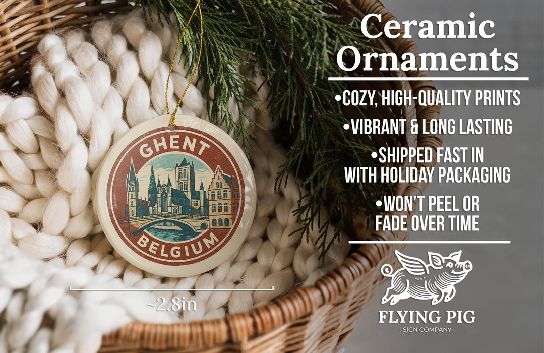 Ceramic ornaments, specifically a Belgium-themed ornament, are displayed in a woven basket.