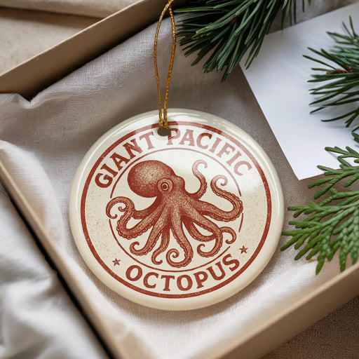 A round ornament with an image of an octopus and the text "Giant Pacific Octopus" is displayed in a box with pine branches.