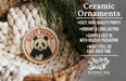 Ceramic ornaments featuring a panda bear, with text describing the ornaments as "cozy, high-quality prints, vibrant and long lasting, shipped fast in with holiday packaging, won't peel or fade over time" and the size of the ornaments being 2.8 inches.