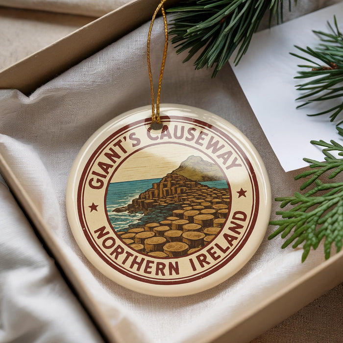 A circular ornament with a design depicting a coastal landscape, featuring a rocky cliff and a body of water, is displayed in a box with pine branches.