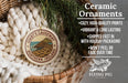 Ceramic ornaments, featuring a design of a coastal landscape with a castle, are displayed in a woven basket.