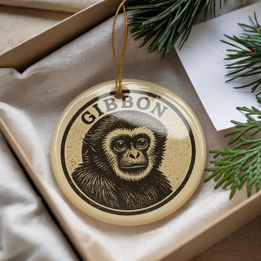 A decorative ornament featuring a monkey's face is displayed in a box, surrounded by pine branches.
