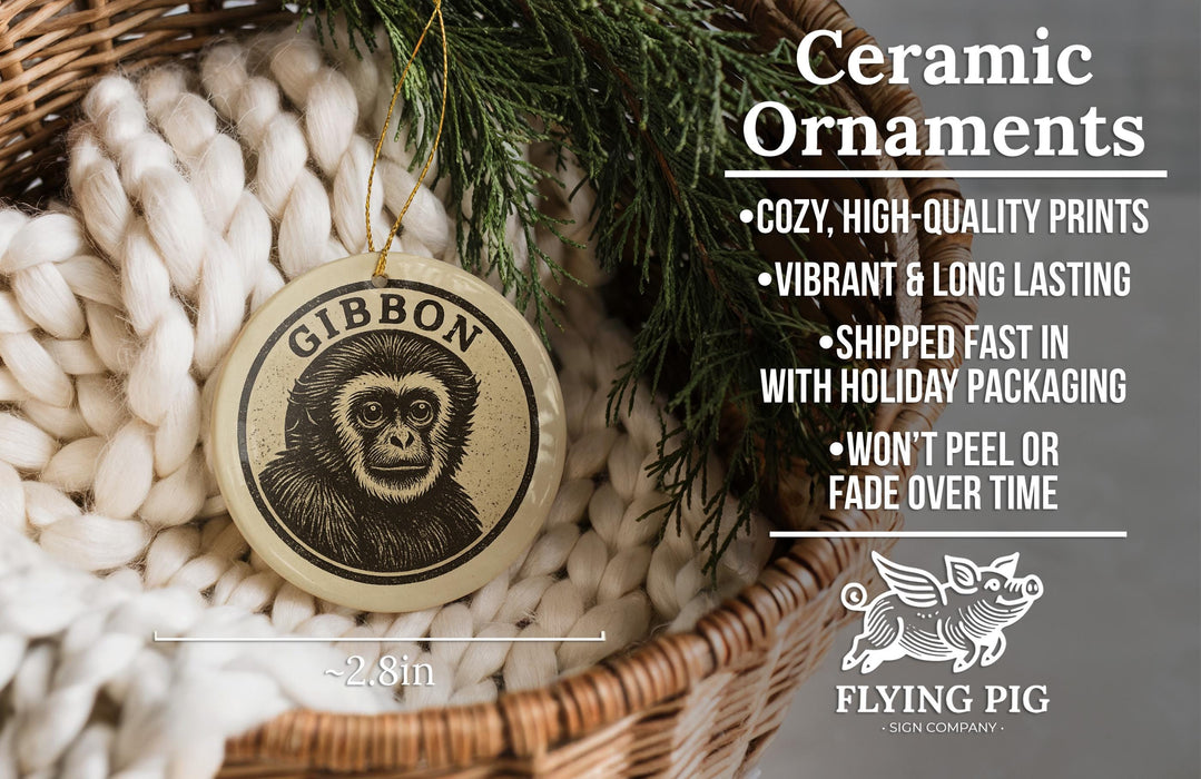 Ceramic ornaments featuring a monkey, with text describing the ornaments as "cozy, high-quality prints, vibrant and long lasting, shipped fast in with holiday packaging, won't peel or fade over time" and the company name "FLYING PIG - SIGN COMPANY".