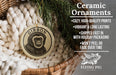 Ceramic ornaments featuring a monkey, with text describing the ornaments as "cozy, high-quality prints, vibrant and long lasting, shipped fast in with holiday packaging, won't peel or fade over time" and the company name "FLYING PIG - SIGN COMPANY".