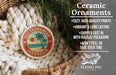 Ceramic ornaments, featuring a tropical design with palm trees and a sunset, are displayed in a woven basket.
