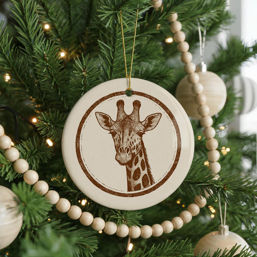 A Christmas tree decorated with ornaments, including a circular ornament featuring a giraffe's face.