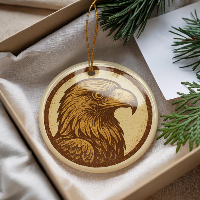 A round ornament featuring a golden eagle is displayed in a box, surrounded by pine branches.