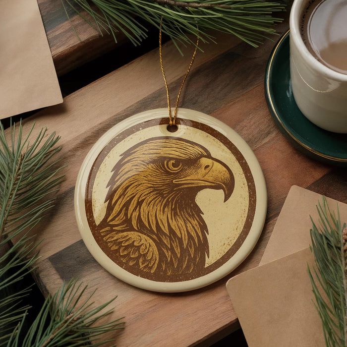 a round ornament with a detailed eagle head design, placed on a wooden surface alongside a cup of coffee and some pine branches.