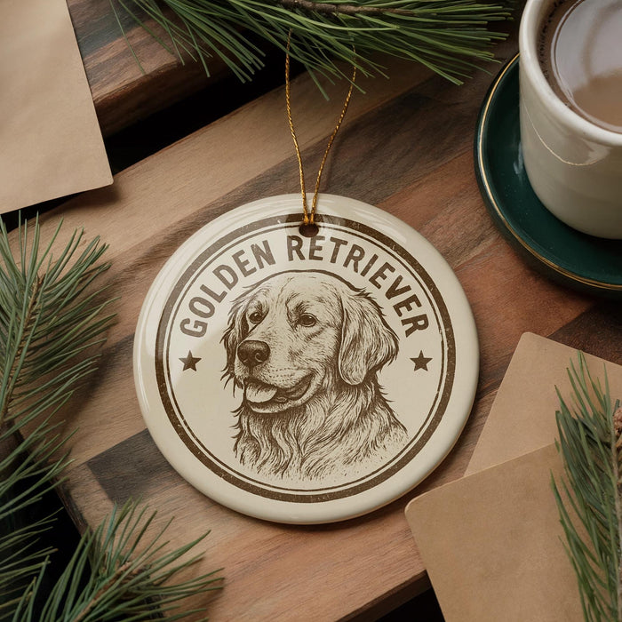 A round ornament featuring a golden retriever dog is displayed on a wooden surface, surrounded by pine branches and a cup of coffee.