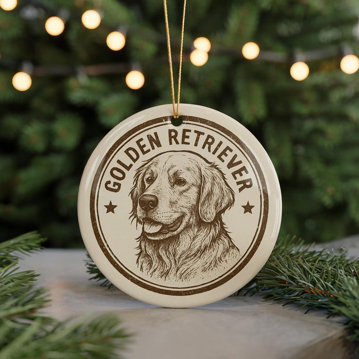 A round ornament featuring a golden retriever dog's face, with the text "GOLDEN RETRIEVER" printed on it.