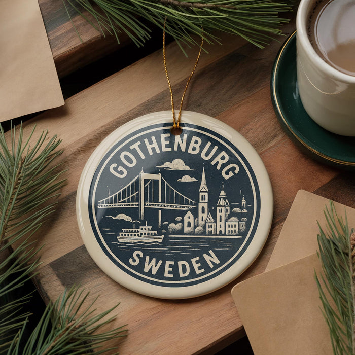 A decorative ornament featuring the text "GOThenburg SWEDEN" and an illustration of the Gothenburg Bridge, surrounded by pine branches and a cup of coffee on a wooden surface.