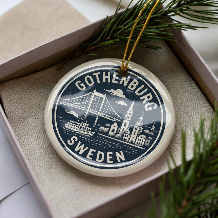 A decorative ornament in a box, featuring a circular design with illustrations of Gothenburg, Sweden, and a bridge.