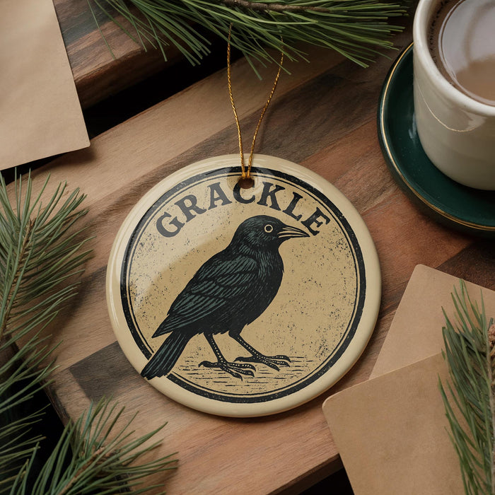 A round ornament with a black bird on it, sitting on a wooden surface, with a cup of coffee and pine branches nearby.