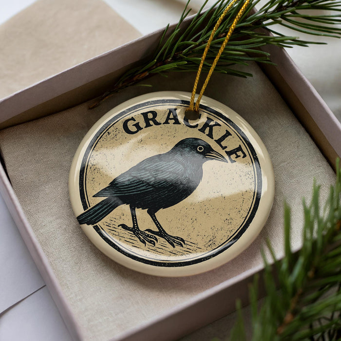 A round ornament with a black bird image and the word "GRACKLE" written on it, placed inside a box with pine branches.