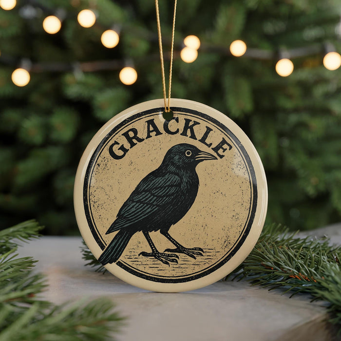 A round ornament with a black bird on it, hanging from a string.