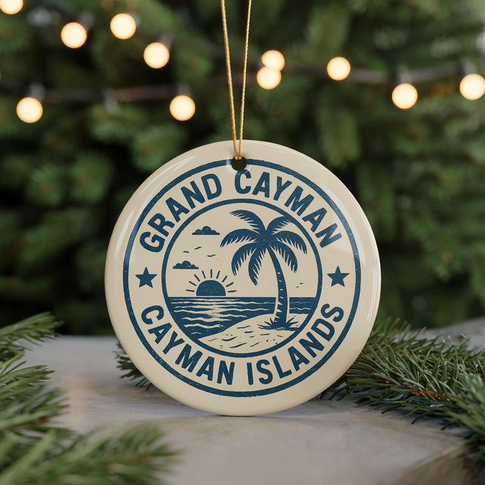 A circular ornament with the text "GRAND CAMMAN ISLANDS" and a palm tree design, hanging from a string against a blurred background of Christmas lights.