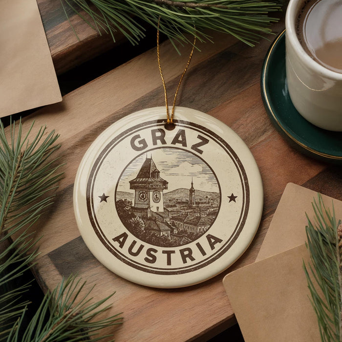 A circular ornament with the text "GRAZ AUSTRIA" and an illustration of a building, placed on a wooden surface next to a cup of coffee and pine branches.