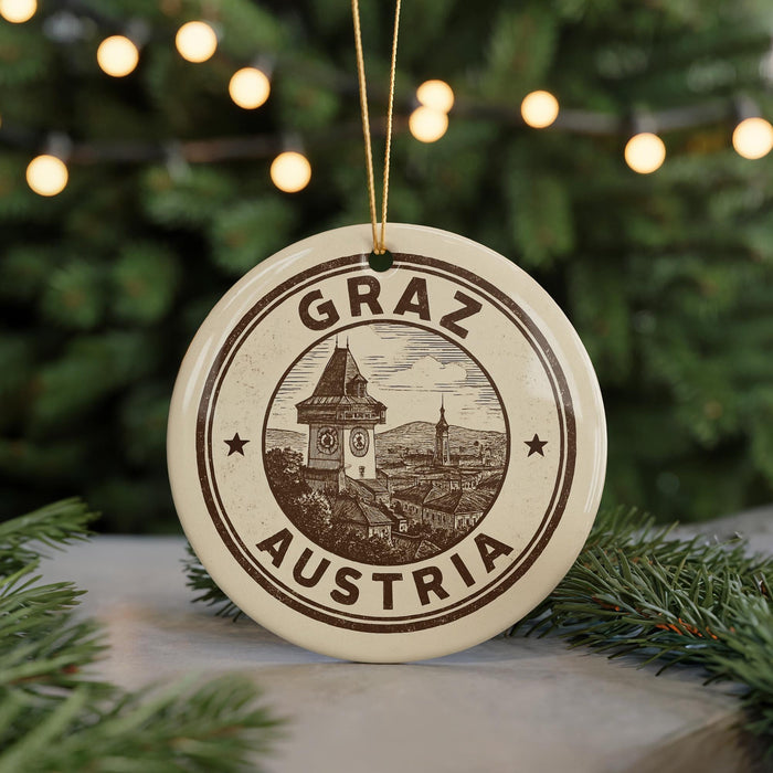 A circular ornament with the text "GRAZ AUSTRIA" and an illustration of a clock tower, hanging from a string.