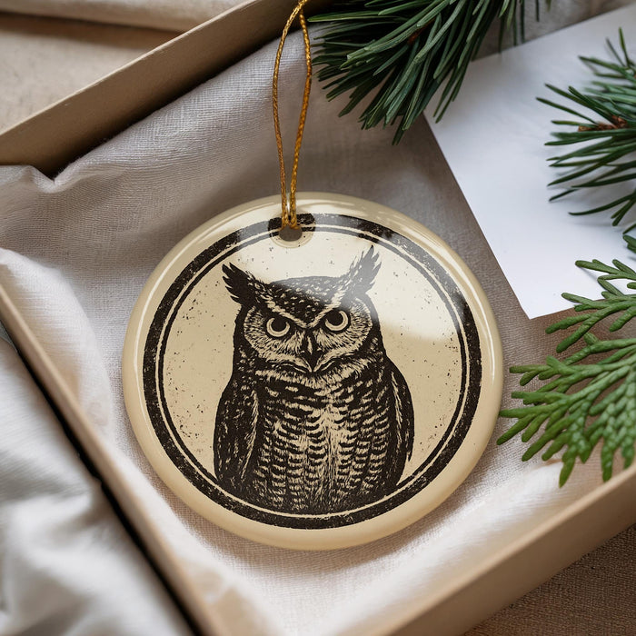 A round ornament featuring an illustration of an owl is displayed in a box, surrounded by pine branches.