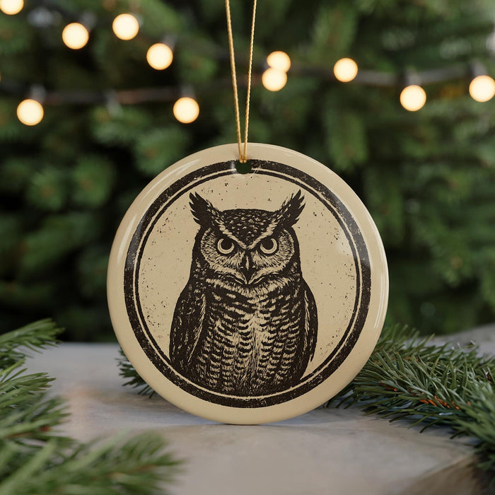 A circular ornament featuring an illustration of an owl is displayed in front of a blurred background of Christmas lights.
