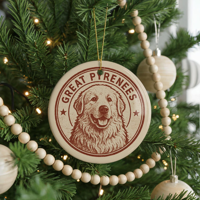 A Christmas tree decorated with ornaments, including a circular ornament with a dog's face and the text "GREAT PYRENEES" printed on it.