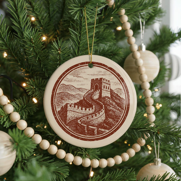 A Christmas tree decorated with ornaments, including a circular ornament featuring a castle and a winding path.