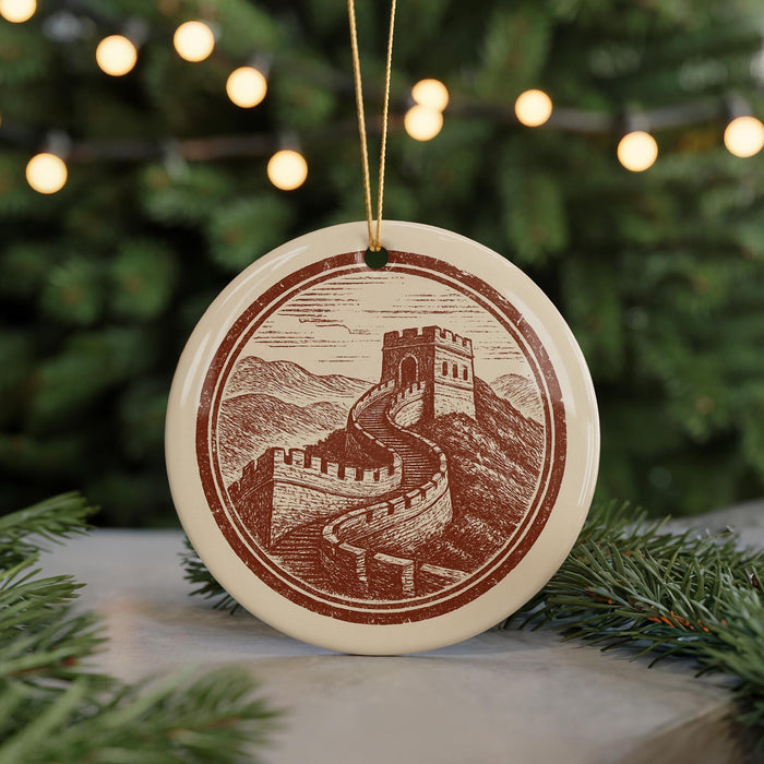A round ornament featuring a castle on a hill, with a Christmas tree and twinkling lights in the background.